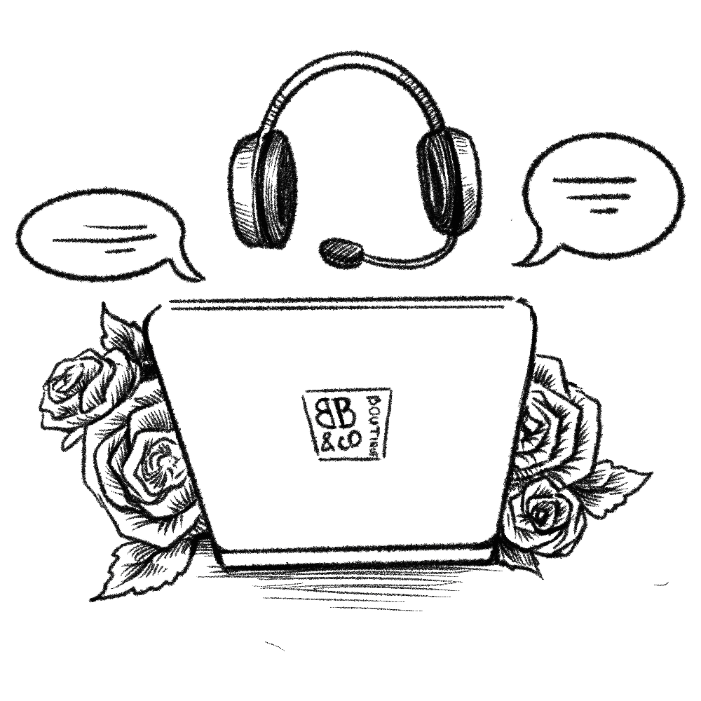 BB Boutique & Co. laptop with headphones, roses, and chat bubbles